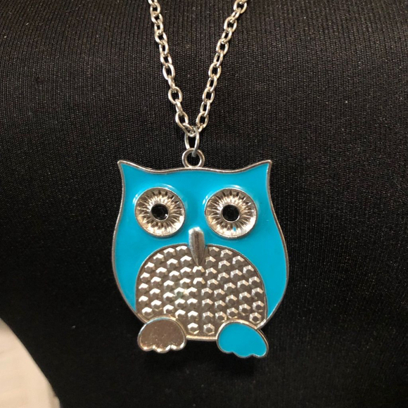 NWOT Girls Owl Pendant Necklace Blue Enamel Silver Metal Chain Jewelry - Picture 2 of 3